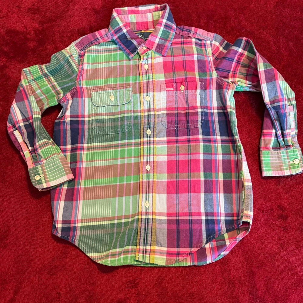 Polo Ralph Lauren Kids Size 5 Patchwork Plaid Button Down Shirt Multi Color Pink